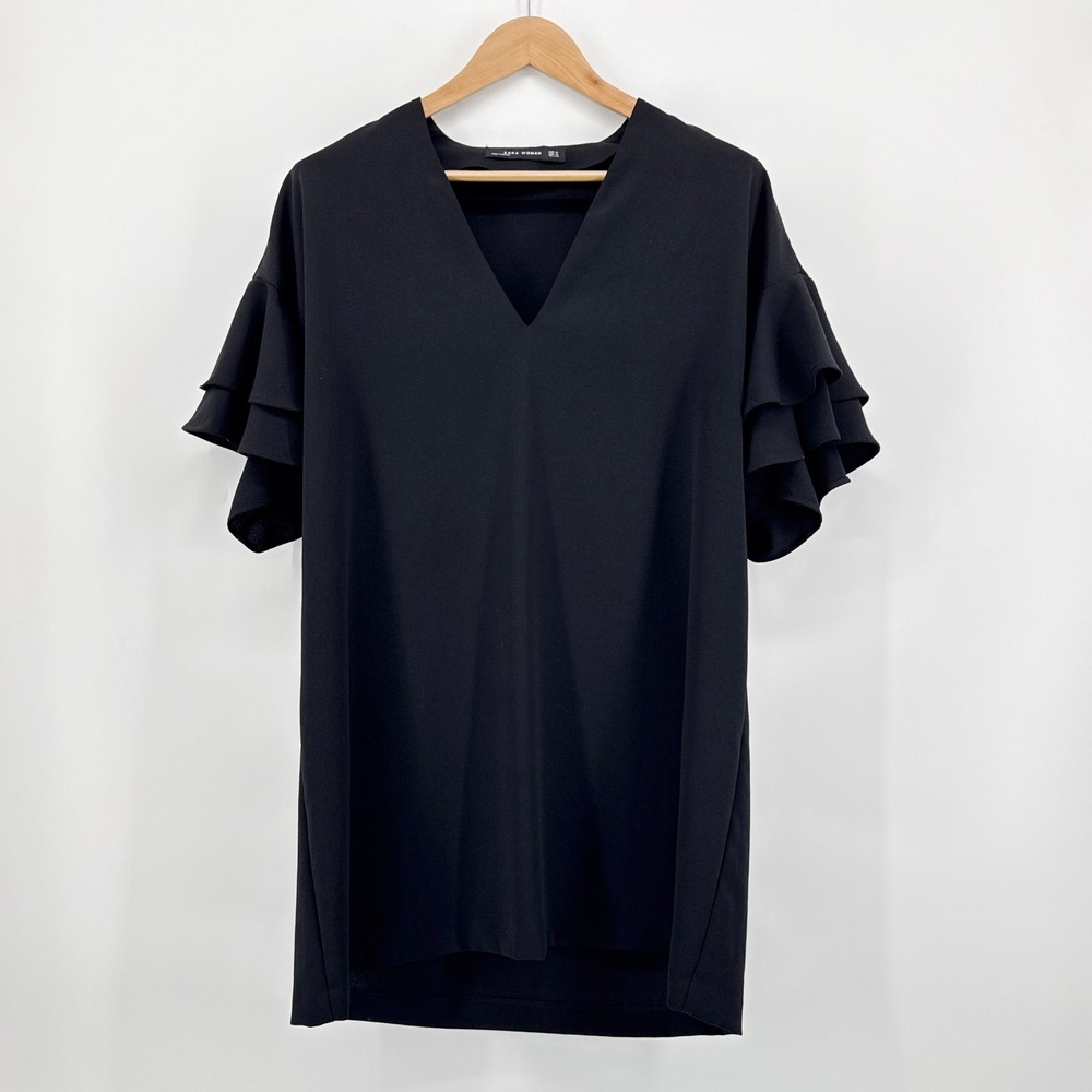 Zara Woman Black Ruffle Sleeve‎ Dress XL V-Neck Statement Tiered Shift Tunic LBD